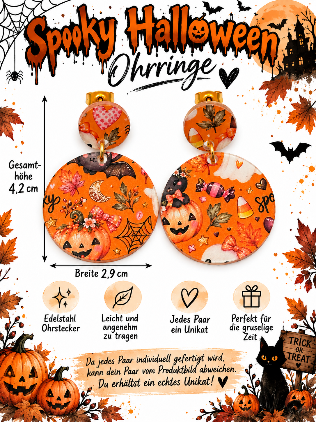 Halloween Ohrringe, Halloween Schmuck, Ohrringe Damen, Spooky Halloween Ohrringe Höhe 4,2cm Breite 2,9cm