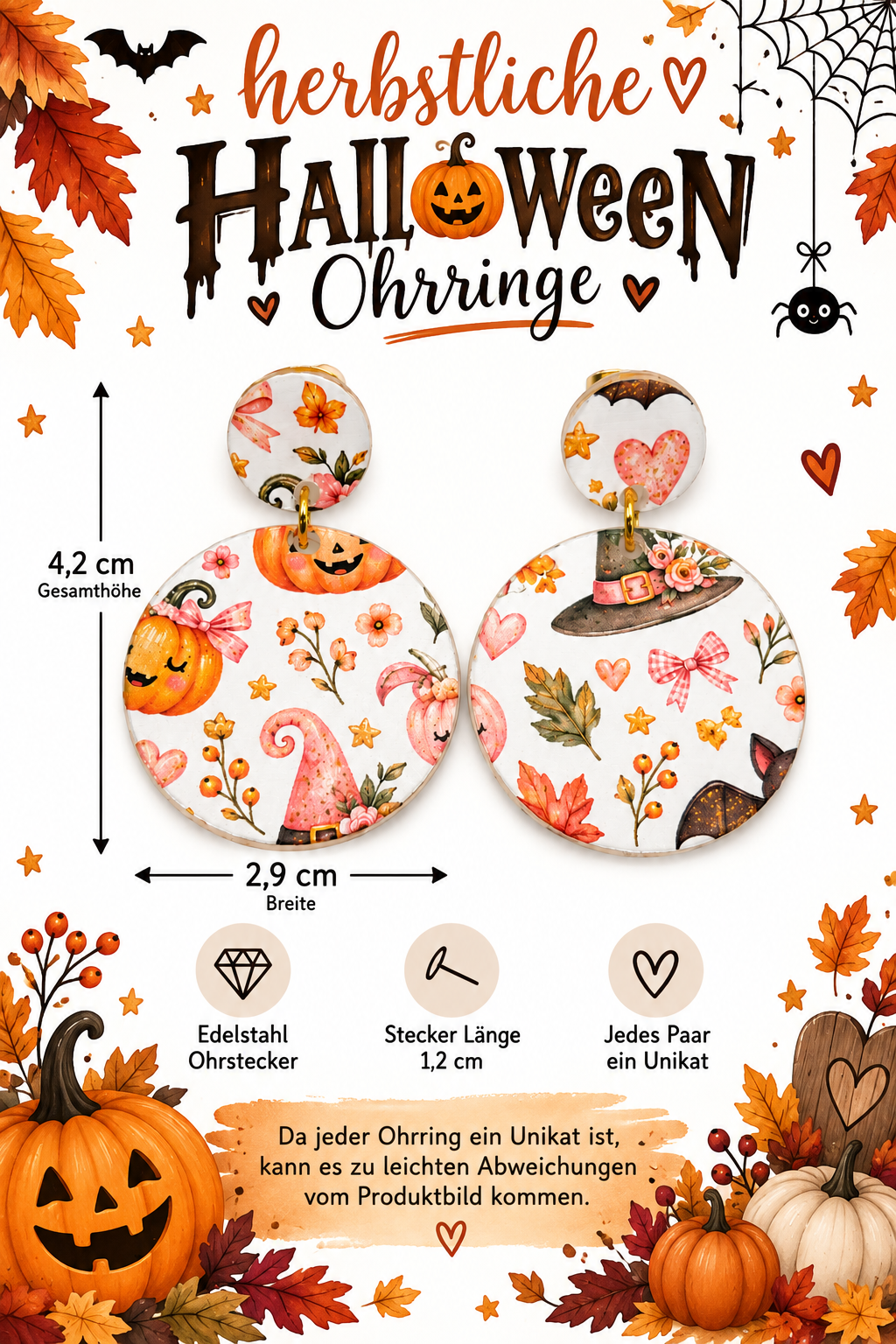 Halloween Ohrringe, Halloween Schmuck, Ohrringe Damen, herbstliche Halloween Ohrringe, Höhe 4,2cm Breite 2,9cm