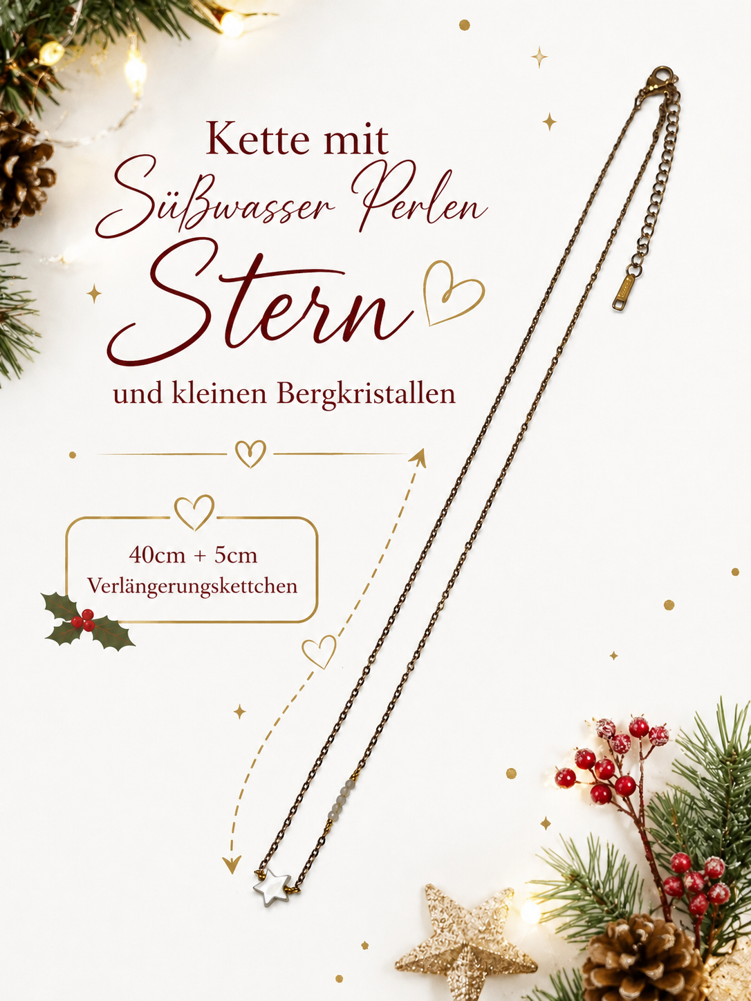 Damen Halskette, Geschenk Weihnachten, Halskette mit Stern, 40cm plus 5cm Verlängerungskettchen
