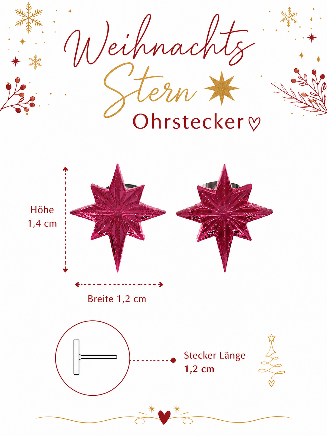 Ohrringe mit Stern, Schmuck Geschenk Frau, Geschenk Weihnachten, Höhe 1,4cm Breite 1,2cm